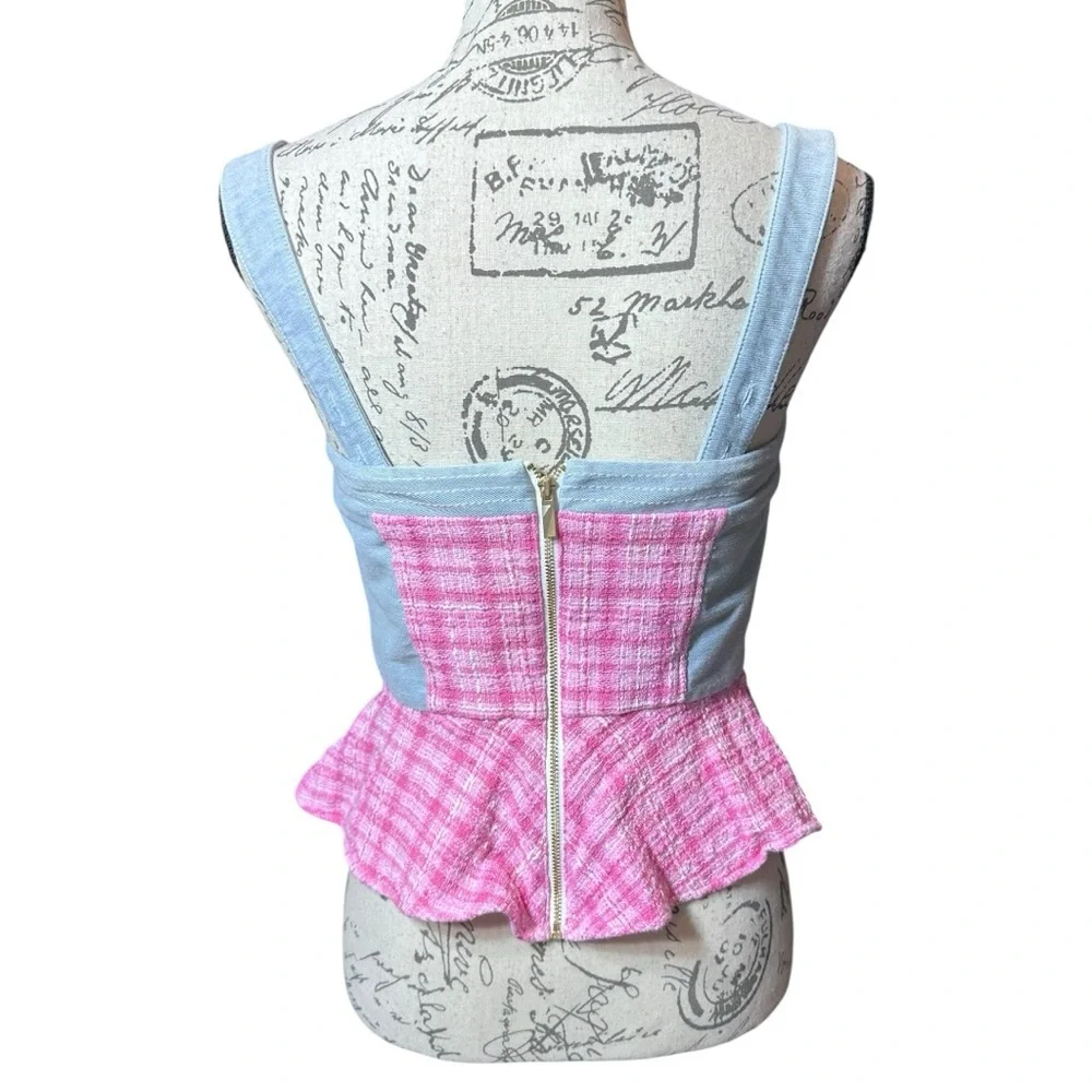 Christian Siriano Pink and Gray Plaid Peplum Bra Top / Crop Top Size Small - Picture 3 of 4